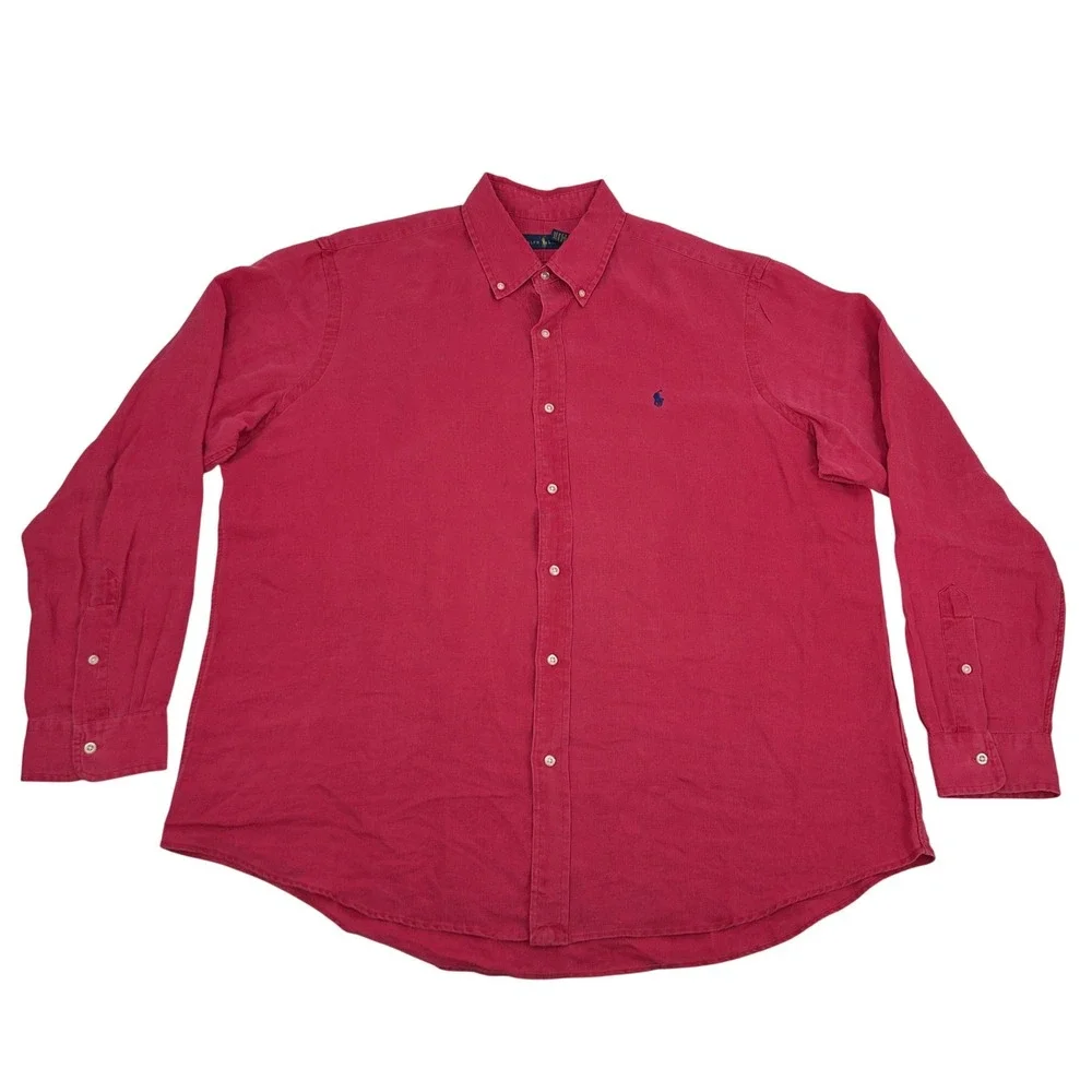 Ralph Lauren Button Down Shirt Mens XXL Fushia 100% Linen Long Sleeve Pony Logo